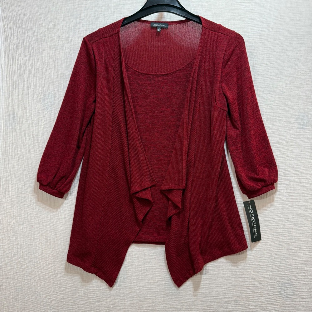 Notations Twofer Cardigan Womens S‎ Burgundy Ribbed Knit Waterfall Office Modest